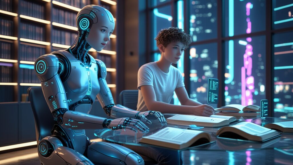 Futuristic AI assistant helping a student study with holographic interface, AI in education 2025