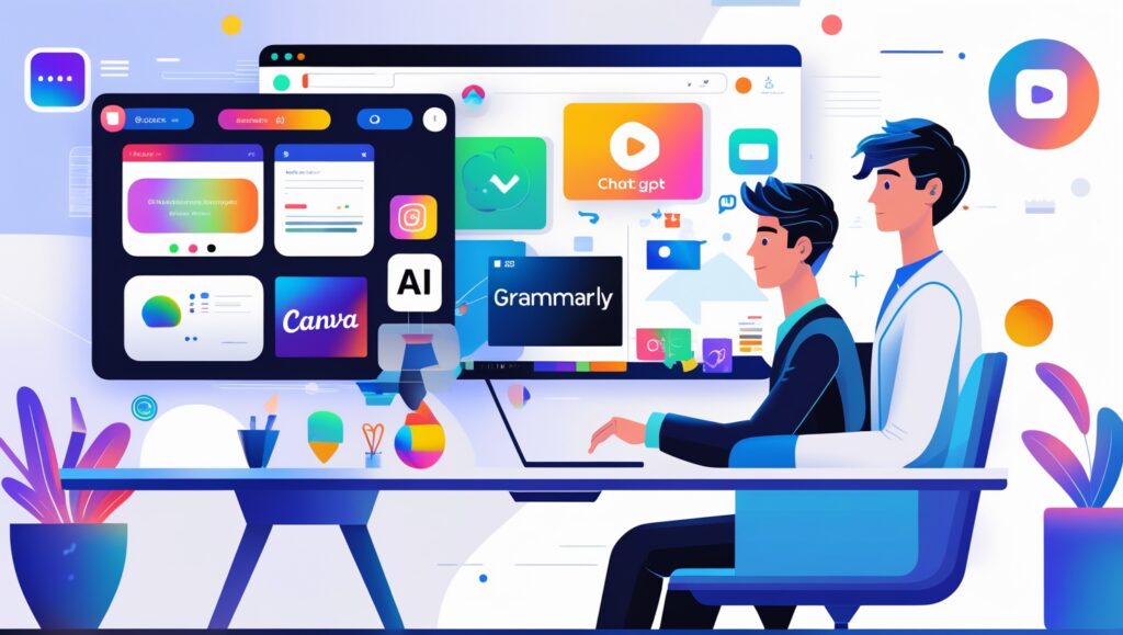Illustration of students and content creators using free AI tools in 2025 with futuristic interface and no watermark