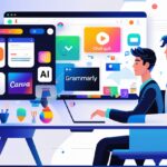 Illustration of students and content creators using free AI tools in 2025 with futuristic interface and no watermark