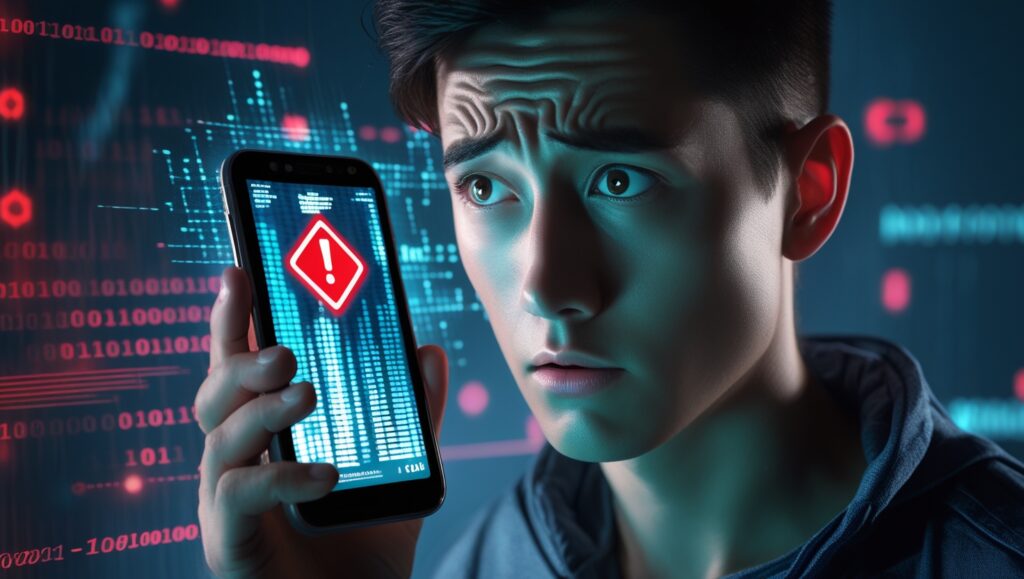 Person checking smartphone for signs of being hacked with warning alerts on screen