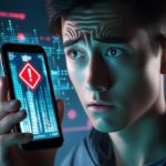 Person checking smartphone for signs of being hacked with warning alerts on screen