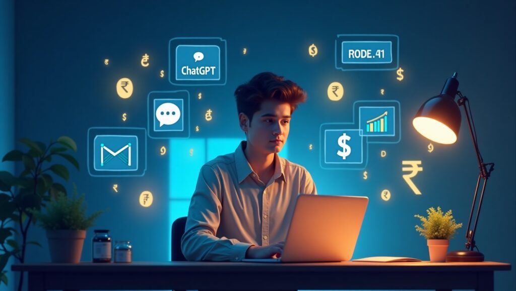 A realistic digital workspace showing a person earning money online using AI tools like ChatGPT, Canva, and Pictory with income growth visuals – AI se Paise Kamao theme