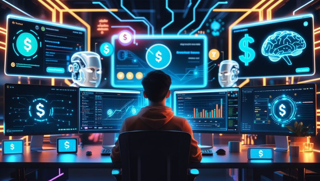 Illustration of a person earning money online using AI tools like ChatGPT, Canva, Pictory, and Copy.ai while sitting at a laptop with currency symbols