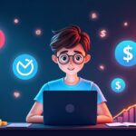 A digital freelancer using AI tools like ChatGPT, Canva, and Copy.ai to earn money online, representing the concept of AI se paise kamao