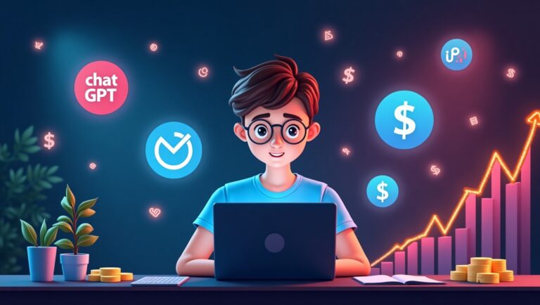 A digital freelancer using AI tools like ChatGPT, Canva, and Copy.ai to earn money online, representing the concept of AI se paise kamao